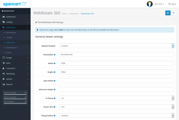 WebRotate 360 Product Viewer for OpenCart - Admin page 1