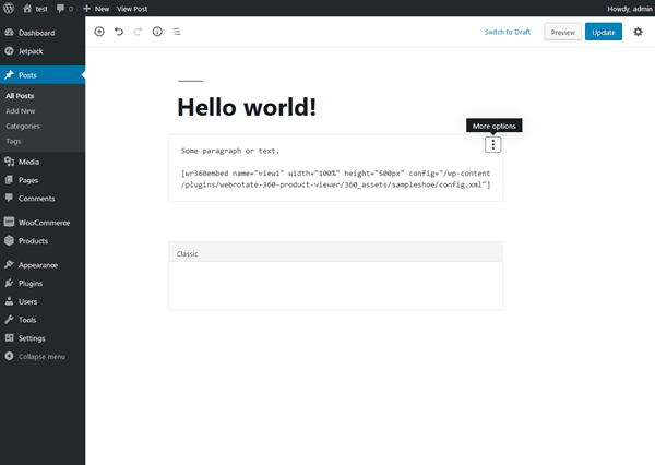 Example of embed shortcode inside a new post in WP v5.0