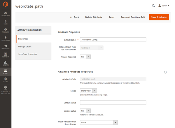 Create a new product attribute for 360 product view xml path