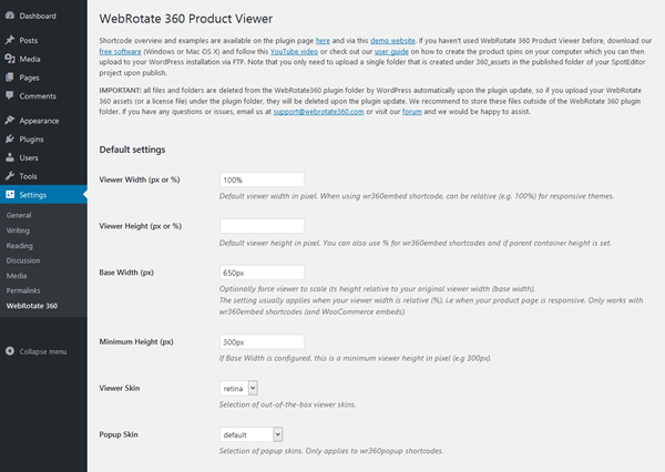 Plugin settings screen (top)