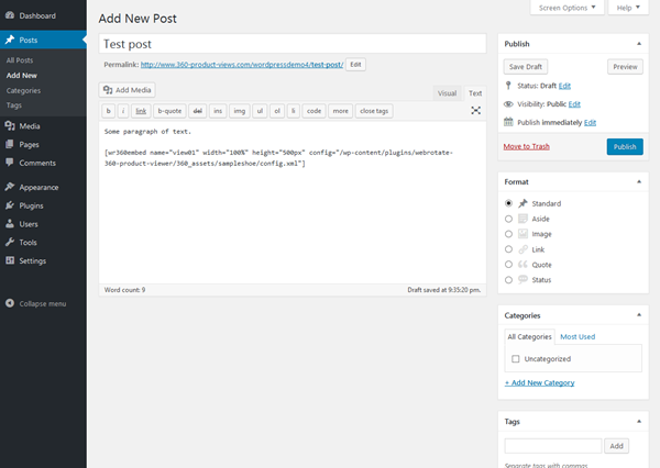 Example of embed shortcode inside a new post