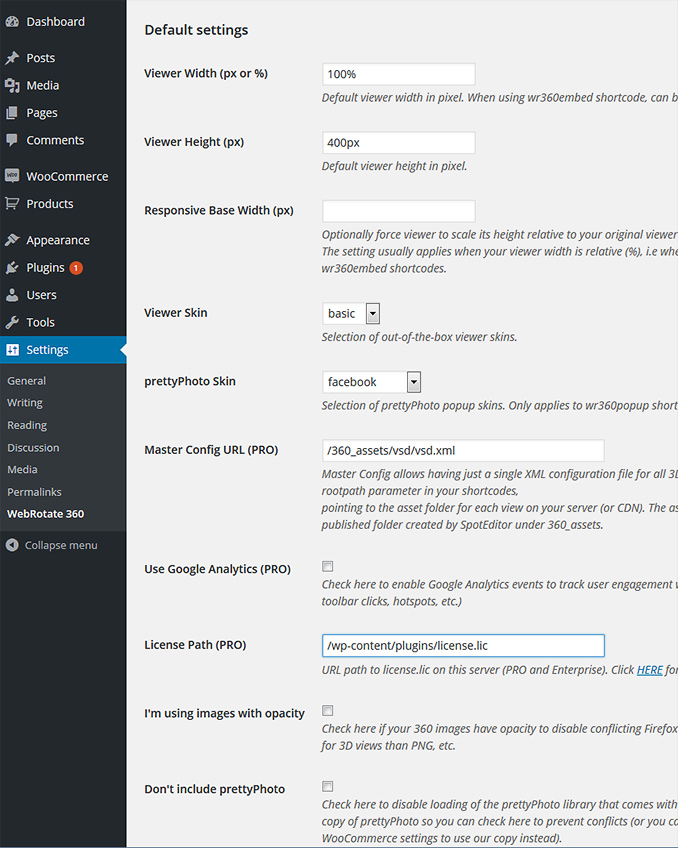 360 product viewer settings in WordPress