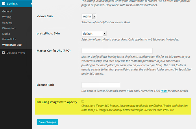 3D product viewer settings in WordPress